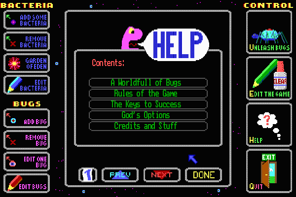 Bugs / Help Screen